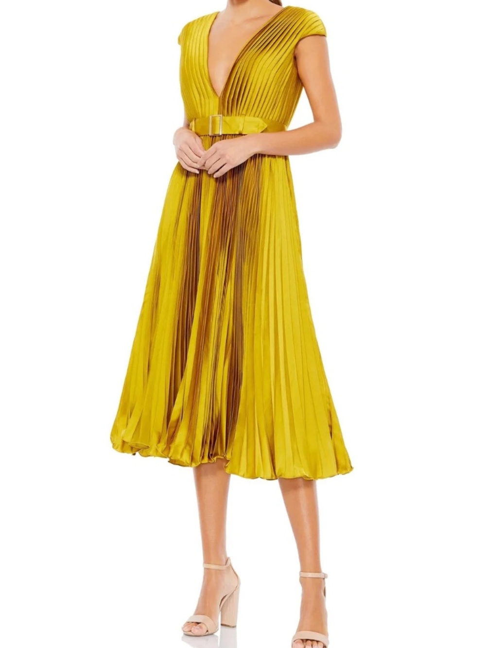 Mac Duggal Midi Pleated Chartreuse Evening Dress